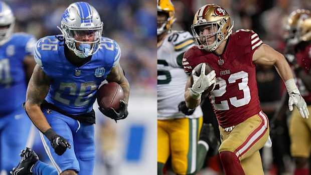 Lions running back Jahmyr Gibbs and 49ers running back Chistian McCaffrey